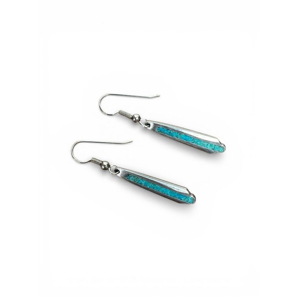 Sterling Silver 925 Turquoise Inlay Drop Earrings Southwestern Boho